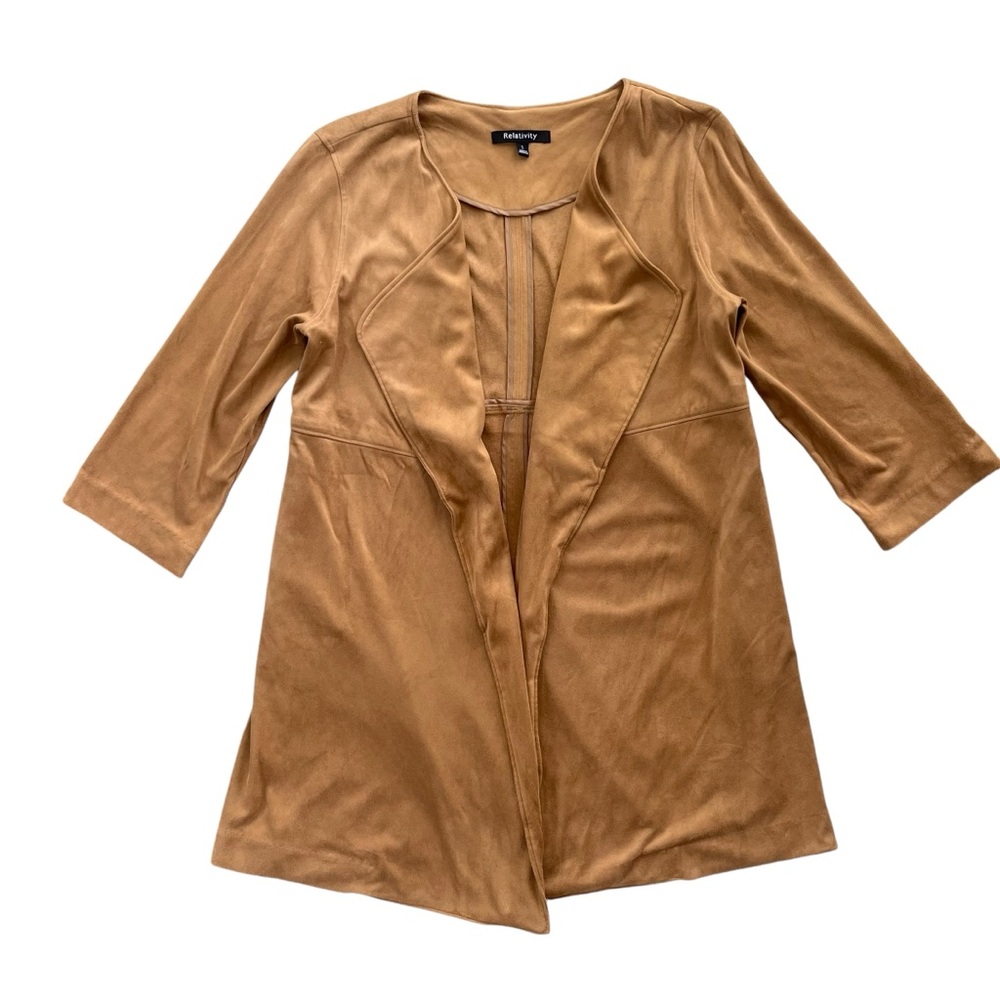 Relativity Womens Sz Small Brown Faux Suede Waterfall Open Front Jacket Cardigan